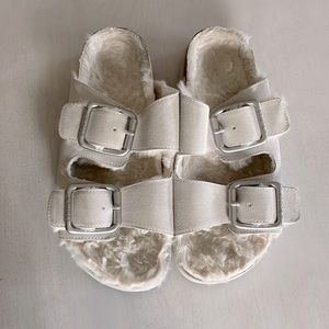 J Slides Shearling Double Buckle Sandal.